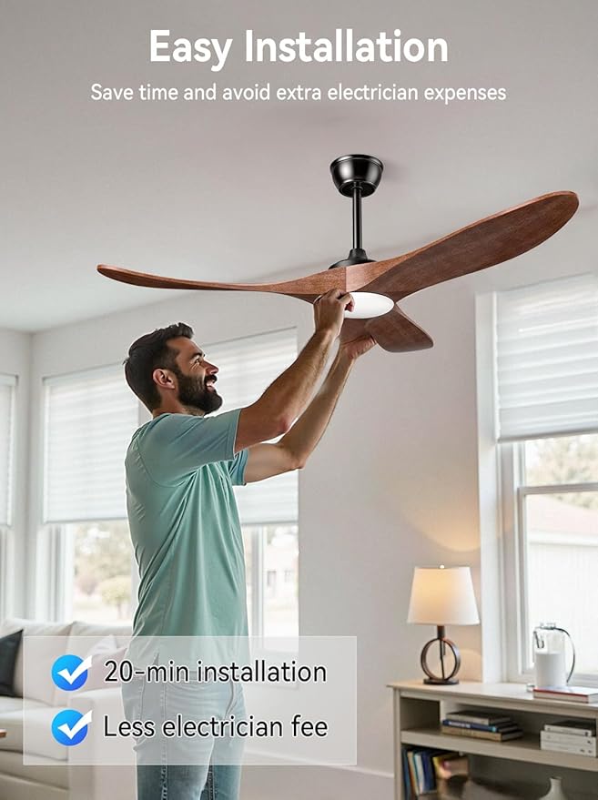 Ceiling Fans with Lights and Remote, 3 Solid Wood Blades, Outdoor Wooden Ceiling Fan with 2 Downrods for Patios, 52 Inch Modern Ceiling Fan with Noiseless Reversible DC Motor