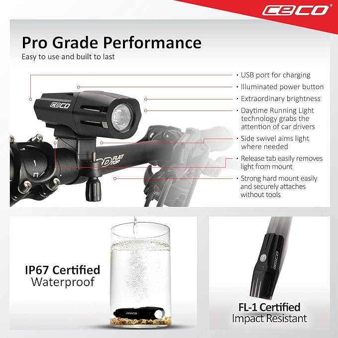 CECO USA 1200 Lumen USB Rechargeable Bike Light – Tough & Durable IP67 Waterproof & FL-1 Impact Resistant – Super Bright Model F1200 Bicycle Headlight – for Commuters, Road Cyclists & Mountain Bikers