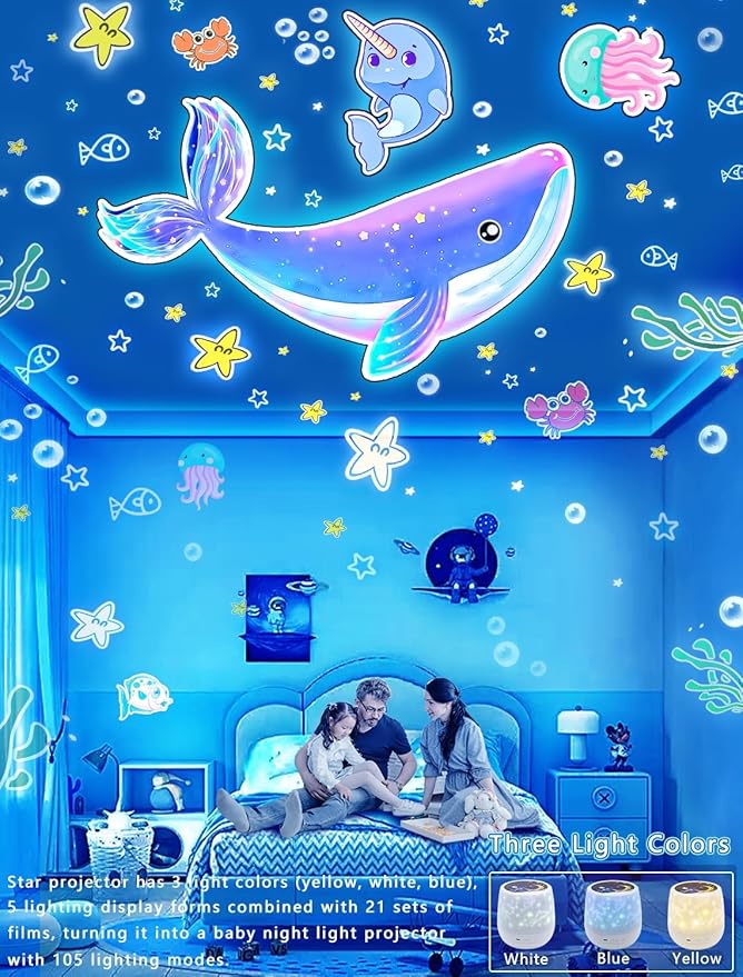 21 Set of Films, Kids Night Light Projector for Bedroom, Ceiling, Projector Night Light for Kids, Room Decor, Star Galaxy Lamp with 360° Rotating, Ceiling Projector, Birthday, Christmas, Girls Gifts