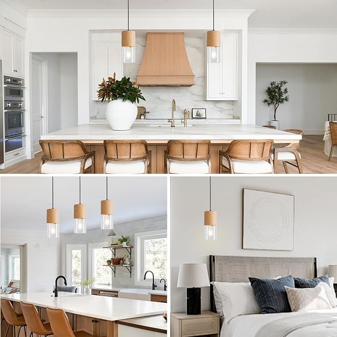 2-Pack Modern Pendant Lights for Kitchen Island, Adjustable Pendant Light Fixtures with Raw Wood Grain, Industrial Clear Glass Pendant Lights for Dining Table Hallway Bedroom Living Room