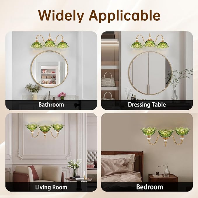 Vintage Bathroom Vanity Light, 3-Light Matte Brass Finish Vanity Light with Floral Green Glass Shades, Retro Wall Sconce for Bathroom, Dressing Table