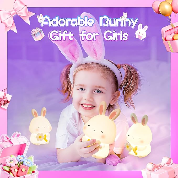 Bunny Night Light for Kids, 3 Level Dimmable Rabbit Nursery Nightlight, 1200mAh Soft Silicone Bedside Touch Lamps, Cute Rechargeable Easter Bunny Gifts for Baby Toddler Girls Boys Room Decor
