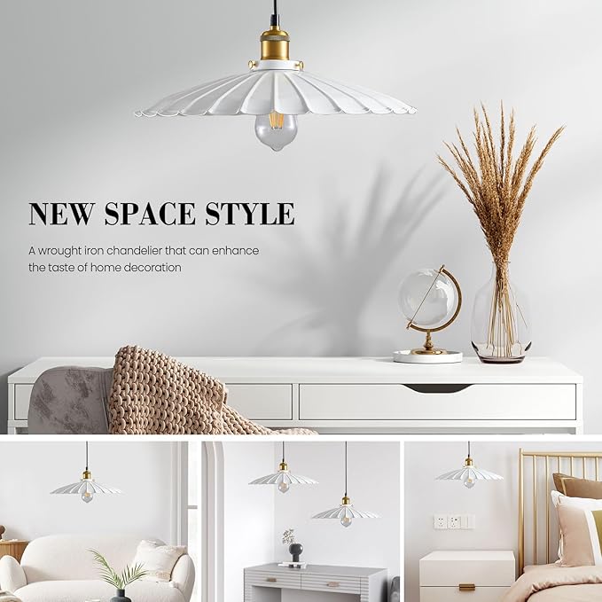 Pendant Light Fixture, White Farmhouse Vintage Hanging Lamp 15.7 Inch Lampshade with 6Ft Adjustable Light Cord Kitchen Hanging Lights Retro Island Pendant Lights for Kitchen 2Pack