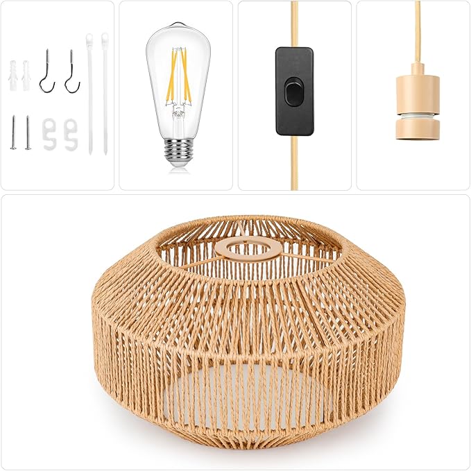 Plug in Pendant Light Paper Woven Rattan Hanging Lights Boho Hanging Lamp Rustic Farmhouse Pendant Lights for Kitchen Dining Room Bedroom Entryway, with 3-Way Dimmable Bulb (Woven)