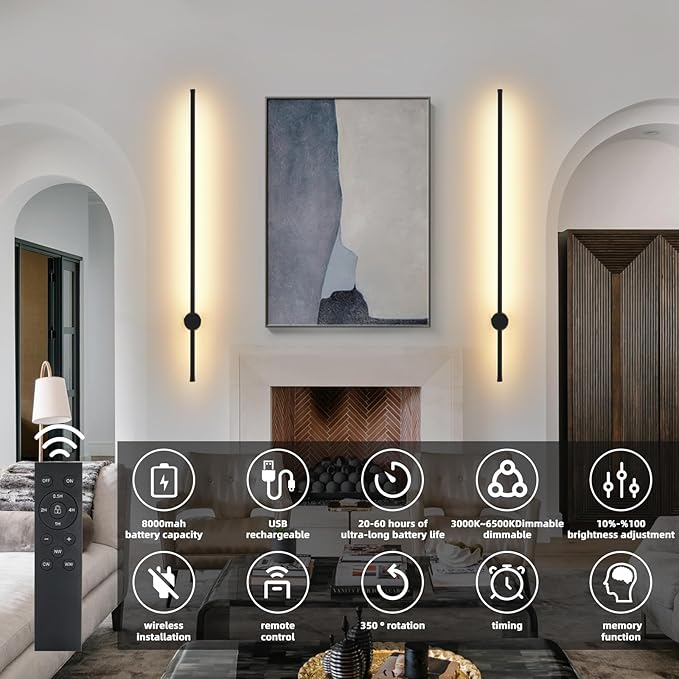 LED Wireless Wall Sconce with Remote Control, Dimmable/350° Rotate/Timing/USB Rechargeable Battery Powered Indoor Wall Lamps, 39.9 inch Black Wall Lights Set of Two for Hallway, Living Room, Bedroom