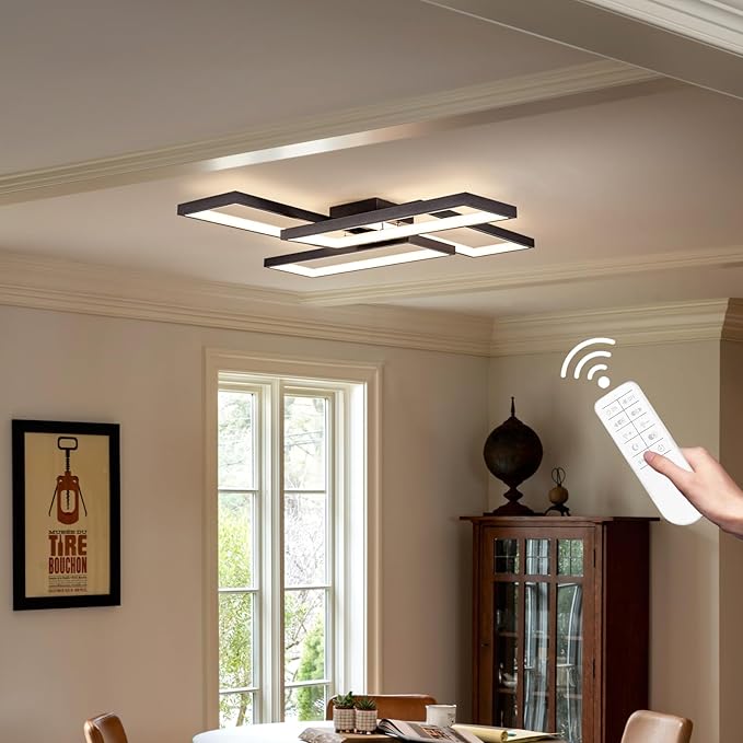 Modern LED Ceiling Lights for Bedroom 26" Dimmable Square Ceiling Lights for Living Room with Remote Control Black Bedroom Light Fixture for Kitchen,Bathroom,Balcony