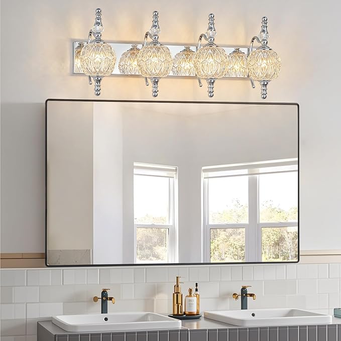 Modern Crystal Bathroom Vanity Lights Fixtures Over Mirror Chrome Vintage 4-Lights 28 Inch Bathroom Light Fixtures Glass Crystal Vanity Lights