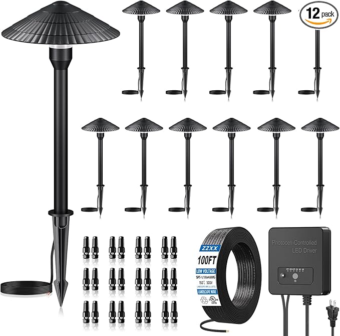 ZZXX All-in-One Low Voltage Landscape Lighting Kit 12-Pathway Lights with 96W Transformer, 5W LED Landscape Lighting Low Voltage 12-24V,IP66 Waterproof Outdoor Lights 2700K for Yard Patio Walkway