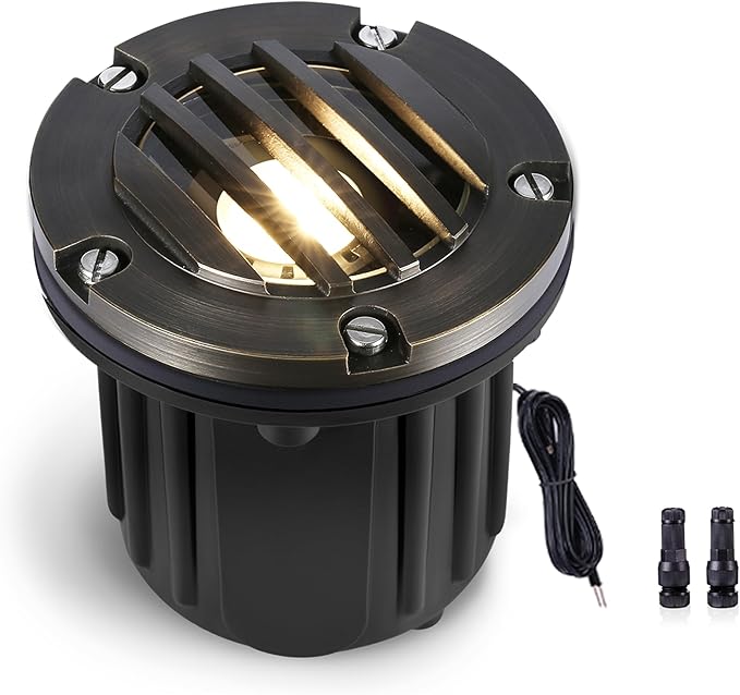 Gardenreet Brass Well Light - LED 12V Ip65 In-Ground Outdoor Landscape Lighting, Replaceable Bulb Waterproof Low Voltage Fixture, Antique Bronze for Garden Tree Pathway Without MR16 Bulb