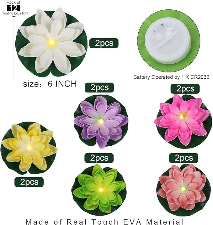 LACGO Waterproof Floating Lotus Light, 12PCS Floating Lily Light Water Activated Artificial Flowers Battery Operated for Wedding Pool Anniversary Garden Decoration(6 Inch, Mix-Color)