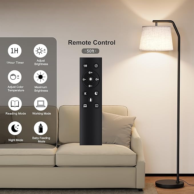 SUNMORY Floor Lamps for Living Room, Tall Standing Lamp with Romote Control & Stepless Dimmable Bulb, Modern Floor Lamp with Adjustable Lampshade, Arc Lamp for Bedroom Office