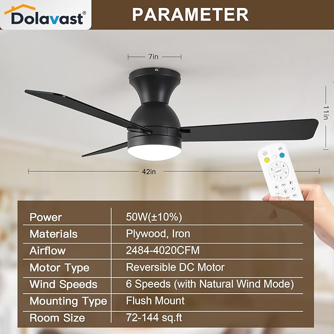 Ceiling Fans with Lights and Remote, 42 Inch Ceiling Fan with Light, Low Profile, Reversible, Dimmable LED, Flush Mount, Quiet, DC Motor, Black Ceiling Fan for Bedroom, Kitchen, Dining Room