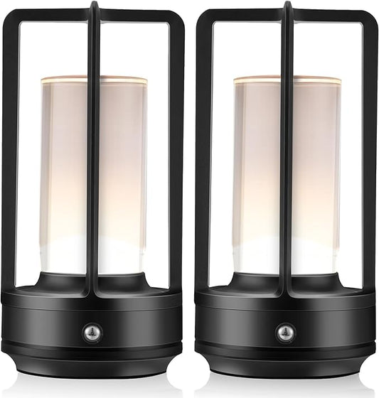 Portable Metal Table Lamp, Cordless Table Lamp, Rechargeable Battery Powered Portable LED Desk Lamp, 3 Color Stepless Dimming Touch, for Bedroom Restaurant Home Outdoor (2 Set of Black)