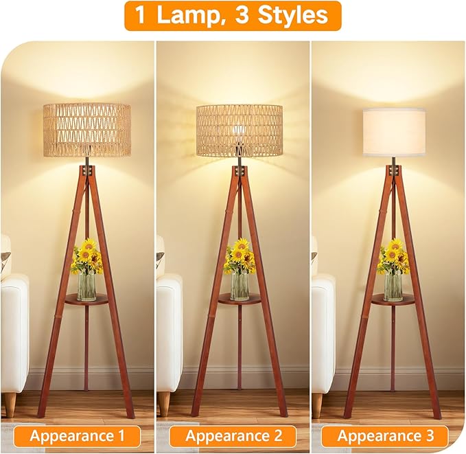 OUTON Boho Rattan Tripod Floor Lamp with Shelves, Remote Control, Dimmable Mid Century Modern Standing Lamp 58.5" for Bedroom, Living Room & Office, Lamp Shade Includes E26 9W Bulb, Walnut