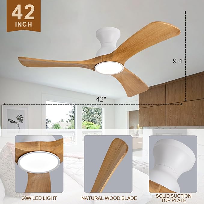 Flush Mount Ceiling Fans with Lights,42 inch,Remote Control,Wall Switch,Solid Wood Blades,Dimmable,Reversible Noiseless,Power Off Memory Modern Ceiling Fan for Bedroom Patio Indoor/Outdoor Use