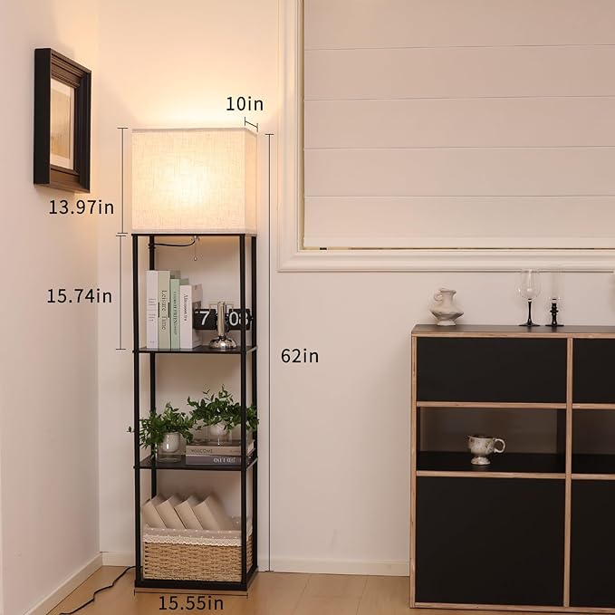 Floor Lamp with Shelves, Large Size Rectangle Standing Lamp with 3 Color Temperature Bulb, Corner Display Bookshelf Lamp for Living Room, Bedroom and Office (Black-9)