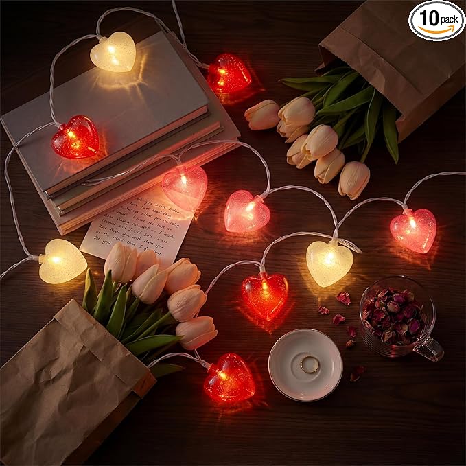 Heart String Lights Plug in, 8.5FT Valentine Lights Indoor Outdoor, Heart Shaped Glitter String Light with 10 LEDs, UL Listed, IP44 Waterproof for Valentine’s Day Decor