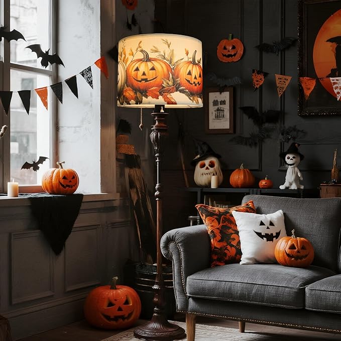 Pumpkin Lamp Shades Set of 2 for Halloween Decorations, Linen Printed Fall Decor Lamp Shade, Halloween Decor Lampshade, Lamp Shades for Floor Lamps/Table Lamp, 13’’ Lampshades Fits Spider/UNO