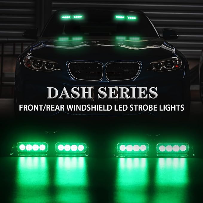 XRIDONSEN 2 in 1 Green Emergency Lights Dash Strobe Lights Interior Windshield Warning Safety Flashing Law Enforcement w/Suction Cups for Volunteer Police Vehicles, Trucks (2×7.16 inch, 16 LED)