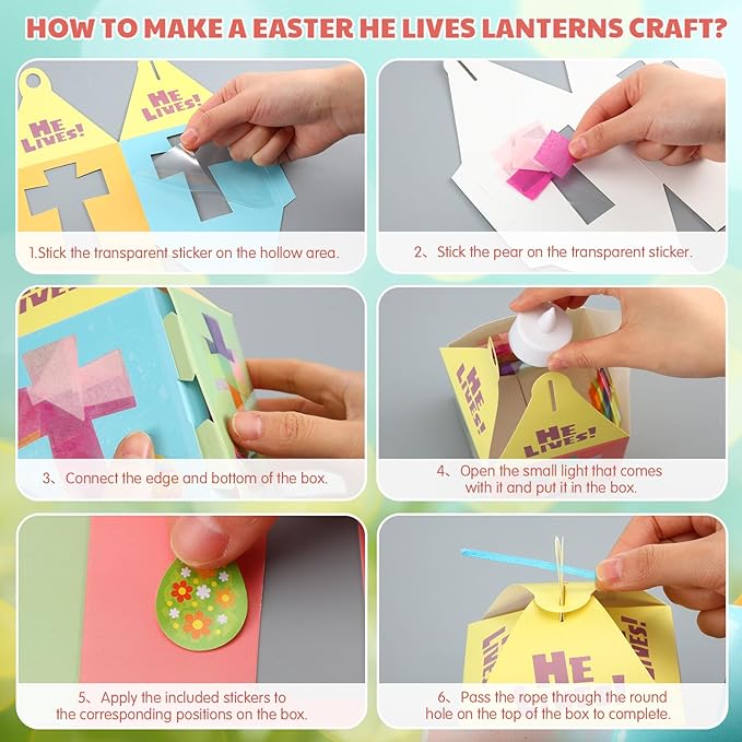 Simgoing 12 Sets Easter Crafts with LED Candles Lights Religious Easter He Lives Cross Tissue Paper Crafts Kits DIY Religious Hanging Ornaments for DIY Home Activities