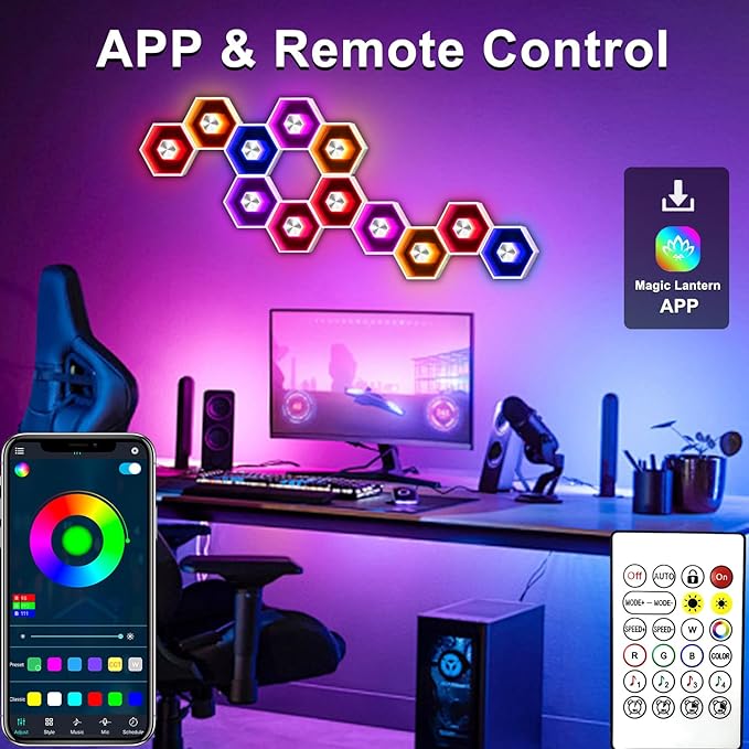 6 Pack Hexagon Lights Wall RGBW Panel - Hexagonal Led Lights Room Decor Wall Lights，with Smart APP Music Sync Honeycomb Shape Panels Hexagon for Gaming Lights Bedroom Children Decor