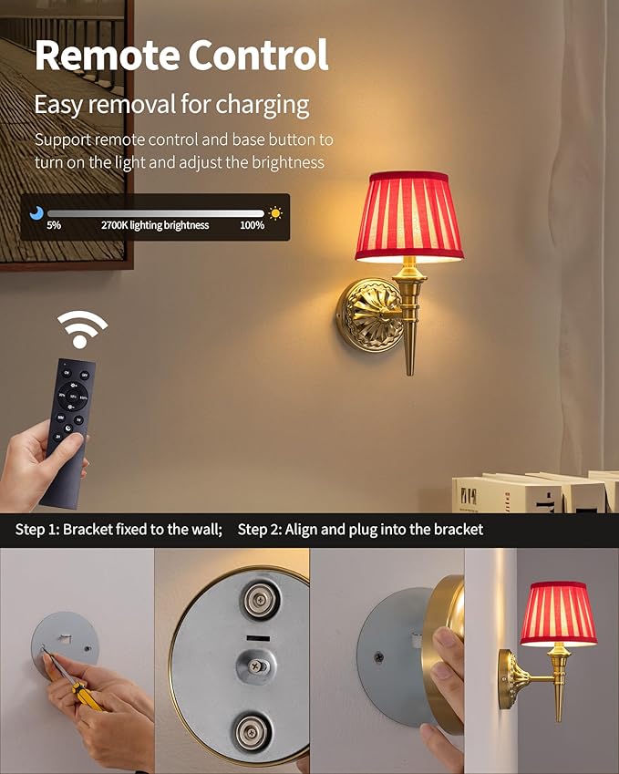 KDG Cordless Wall Sconces Set of 2, Small Wireless 5200mAh Rechargeable Battery Fabric LED Wall Lamps, Portables Lightings for Wall Painting, Living Room, Bedroom, Hallway, Gifts, Night Light (Red)