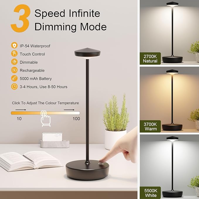 Rechargeable LED Cordless Table Lamp,5000 mAh Touch Outdoor Table Lamp,Portable Battery Operated Table Light,with Memory Function Dimmable for Restaurant,Home,Outdoor(Black)