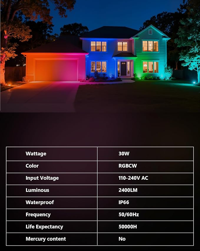 Smart Flood Light Outdoor, 30W App Controlled LED Flood Lights, RGB Color Changing & Dimmable, IP66 Waterproof Landscape Security Lighting, 2 Pack