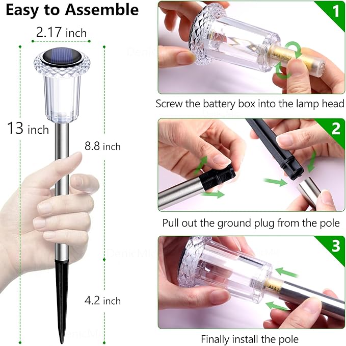 DenicMic Solar Lights Outdoor 10 Pack Waterproof 3000K Warm White LED Stainless Steel Stake Outside Lights for Yard Pathway Garden Driveway Walkway Landscape Path Lighting