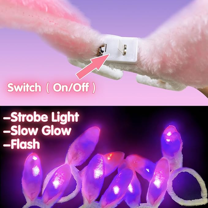 Camlinbo 6 PCS LED Light up Bunny Ears, Plush Rabbit Ear Headband Easter Gifts Basket Stuffers Party Favor Supplies for Women Girls Boys