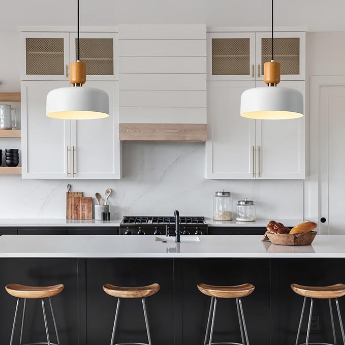 TeHenoo Modern Pendant Light,12 inch,Natural Wood and Brass Accent,Adjustable Simple Pendant Light Fixture for Kitchen Island, Dining Room, Matte White