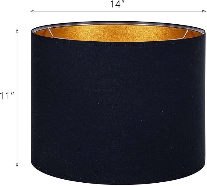 Wellmet Blackgold Set of 2 Drum Lampshades, Easy Assembly Required 14" Top x 14" Bottom x 11" High Replacement Lamp Shades, Fabric Lampshades for Table Lamps Floor Lamps, Metal Spider Fitter