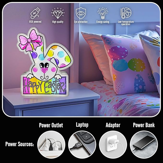 Allenjoy Spring Happy Easter Bunny Rabbit Night Light Up Box for Kids Gifts USB Powered Lamp Lightbox Bedroom Room Wall Art Table Desk Decorations Decor Sign