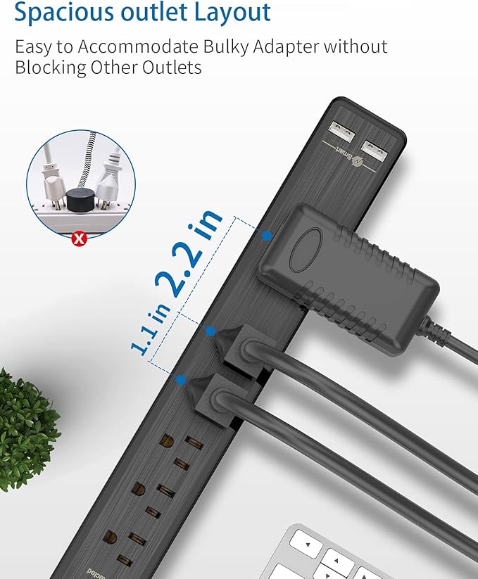 NTONPOWER 25 Ft Extension Cord, Surge Protector Power Strip with 6 Outlets, 2 USB, Overload Protection, 1080J, 1850W/15A, Wall Mount for Home Office and Workbench, Black