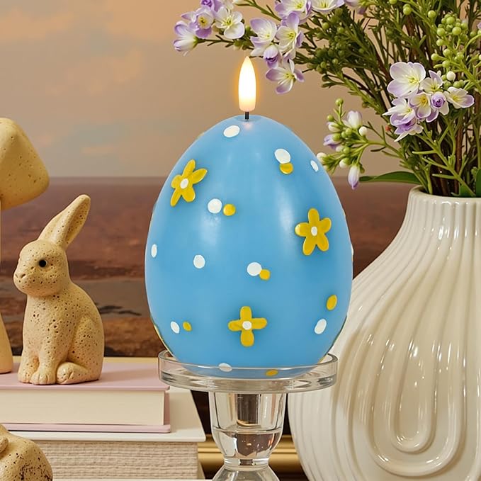 Eldnacele Easter Flameless Candles with 6H Timer, Battery Operated Egg Shaped 3D Wick Flickering Candle Real Wax Blue LED Candles for Easter Party Spring Dinner Decor(2.4"×6.3")