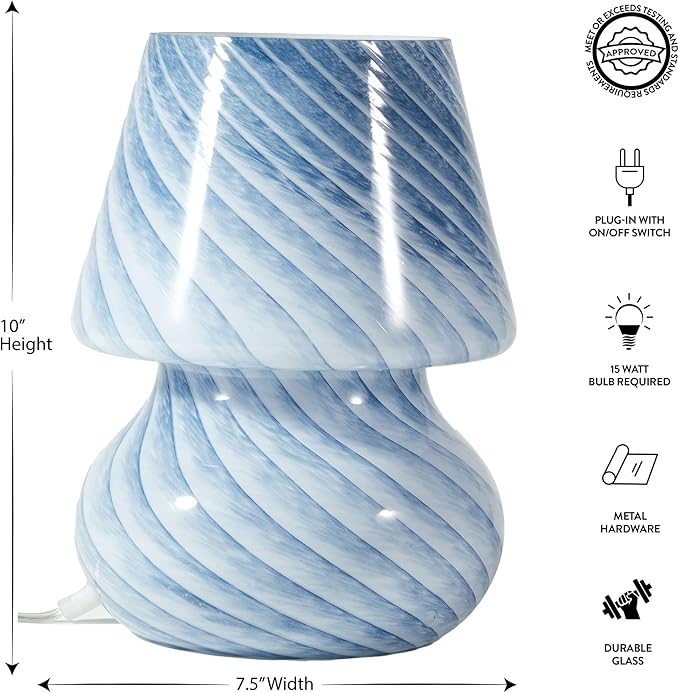 Urban Lifestyle 10" Blue Stripe Glass Mushroom Lamp, Modern Retro Table Lamp for Bedroom, Living Room, or Office Décor