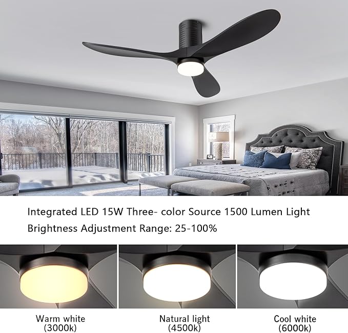52" Flush Mount Ceiling Fans with Lights and Remote/APP Control, 3CCT Dimmable LED, 6 Speed DC Motor, Low Profile Ceiling Fan for Bedroom, Hallway,Indoor/Outdoo