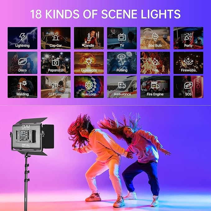 GVM 1300D RGB LED Video Light, 65W Video Lighting Kit with Bluetooth Control, 25000lux/0.5m, 2 Packs Led Panel Light for YouTube Studio, Video Shooting, Broadcasting, Conference, 18 Kinds Scene Modes