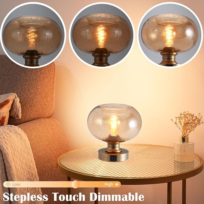 Mid Century Glass Table Lamp,Dimmable Desk Lamp,LED Bulb Included,Touch Control & USB A+C Port,Cognac Amber Seeded Glass