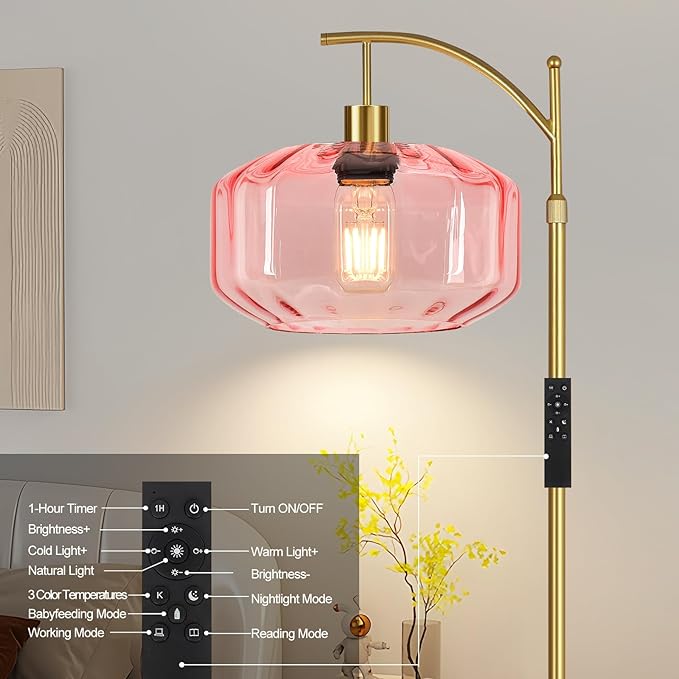 Vintage Floor Lamps for Living Room Glass Floor Lamp with Remote Control & 3 Color Temperature,Dimmable Floor Lamp Gold Mid Century Modern Standing Lamp Brass Tall Pink Floor Lamps for Bedroom Corner