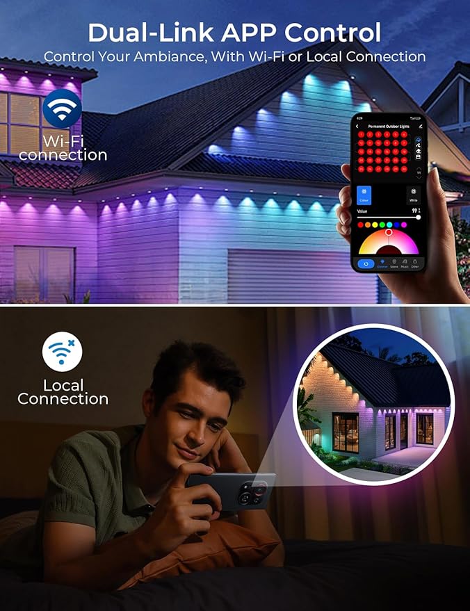 CINOTON Permanent Outdoor Lights Pro 100ft, Smart RGBCW Eaves Lights with 60 LEDs, IP67 Waterproof, 111 Scene Modes for Daily and Festival, Halloween Christmas Holiday Decor, APP/Voice/Remote Control