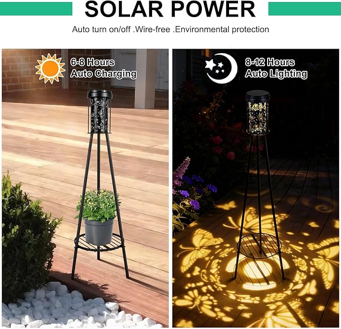 Solar Floor Lamps Outdoor RGB Butterfly Projection Metal Cordless Floor Lamp with Plant Stand,42.48 Inch Waterproof Decorative Garden,Patio,Porch,Yard,Path,Light,Black
