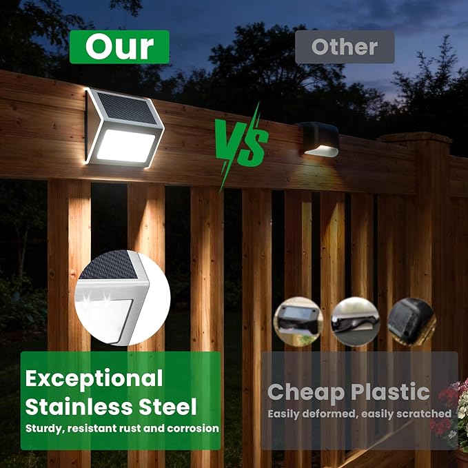 JSOT Outdoor Fence Lights,12 Pack Solar Powered Deck Lights Waterproof Stairs Light Stainless Steel Security Wall Lamps for Step Walkway Patio Garden Pathway - Cool White