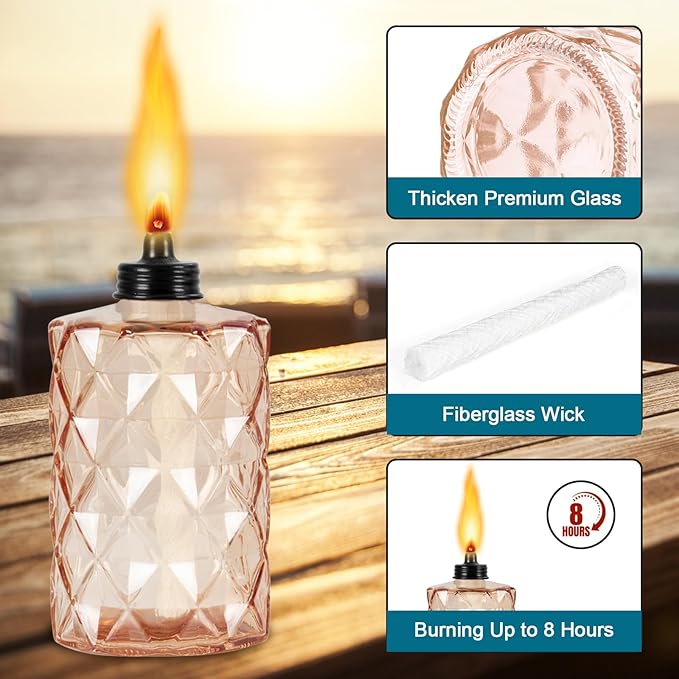 Glass Table Top Torch, Outdoor Torch Canisters 12 oz,Refill Canister with Wicks and Covers, Patio Metal Torch for Luau Party, DIY Garden Decor (4 Packs) (Orange)