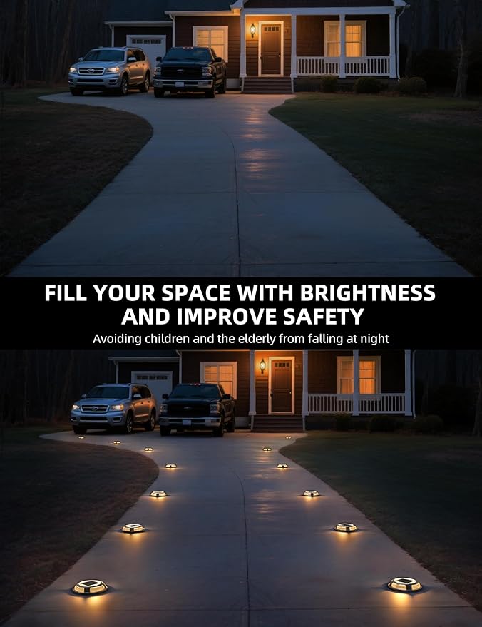 VOLISUN Solar Driveway & Deck Lights 12 Pack Waterproof Dock & Marine Ground Lights,2-in-1 Warm White & White LED,Solar Marker for Pathways,Steps,and Warning Signs,Auto On/Off
