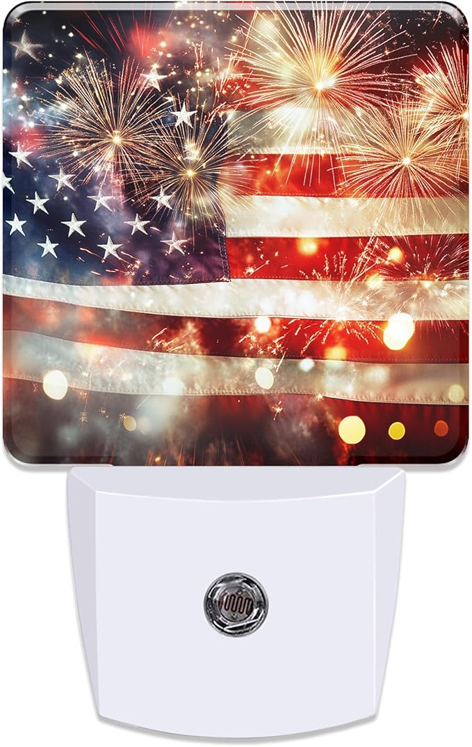 America Flag with Fireworks Night Light for Kids, Dusk-to-Dawn Auto Sensor Plug in Night Light, 0.5W Energy Saving Non-Toxic Design for Bedroom/Bathroom, Ideal Gifts for Women, Men & Kids
