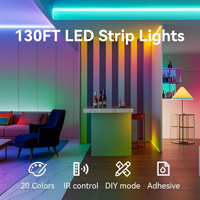 CHARKEE LED Strip Lights 130ft (2 Rolls of 65.6ft) Ultra Long RGB Color Changing LED Light Strips Kit with 44Keys Remote for Bedroom, Kitchen, Home Decor, Room, Dorm Room, DIY Mode