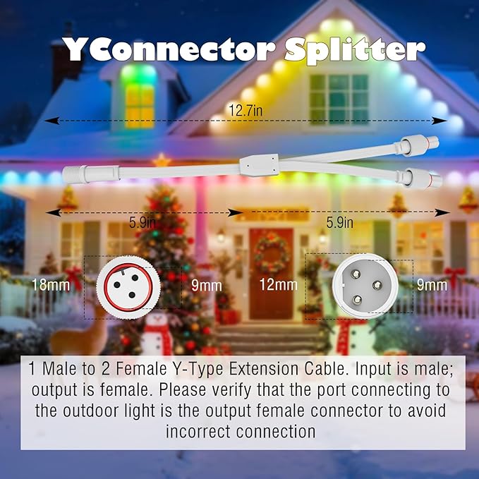 1 Male to 2 Female Y-Splitter for Govee Permanent Outdoor Lights Y-Shaped IP68 Waterproof Connector Compatible with Govee H705A H705B H705C H805A H805B H805C 3-Pin Extension Cable Cord (White)