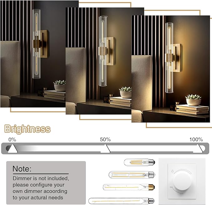 YUYI Brass Wall Sconces Set of Two, 22.8'' Gold Bathroom Sconces Wall Decor with Clear Glass Shade, Indoor Vanity Wall Lights for Bathroom Living Room Bedroom Hallway Fireplace Staircase