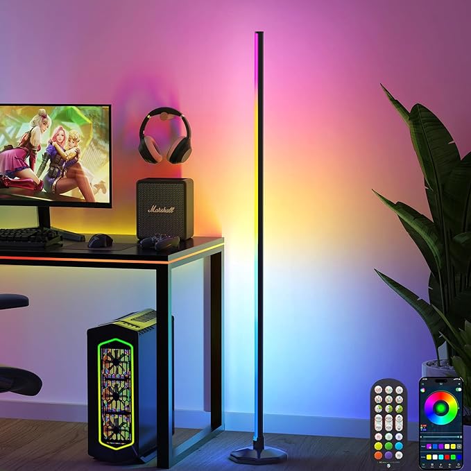 RGB Corner Floor Lamp：Uocub 16 Million DIY Colors & 68+ Scene LED Smart Modern Floor Lamp with Timing, Music Sync, App and Remote Control Standing Lamp for Living Room